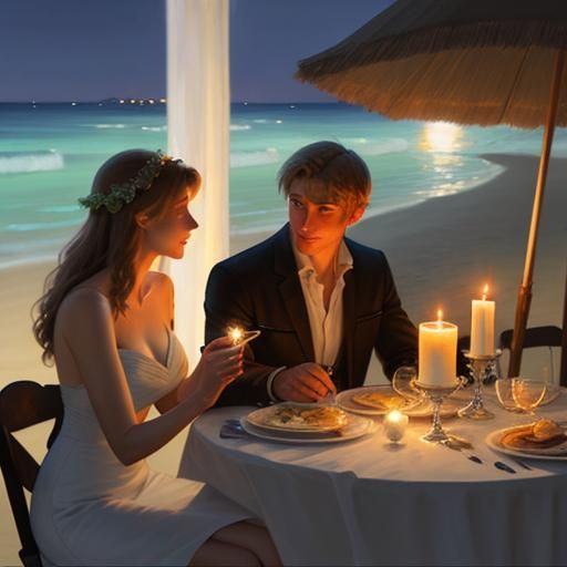 Romantic candlelit dinner with moonlight. young couple on the beach, a man playing guitar in the background.
 a candleli...