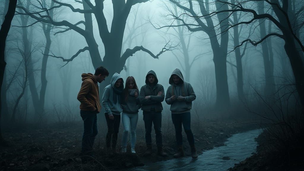 Frightened Teens Huddle in Dark Forest: Ash Thorp Style