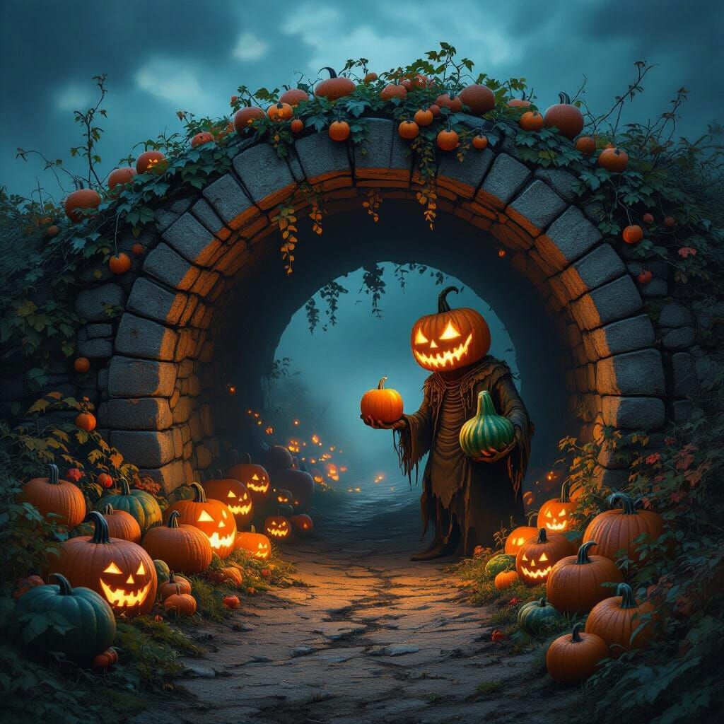 Ghoul Contemplates Pumpkin Head in Arched Tunnel