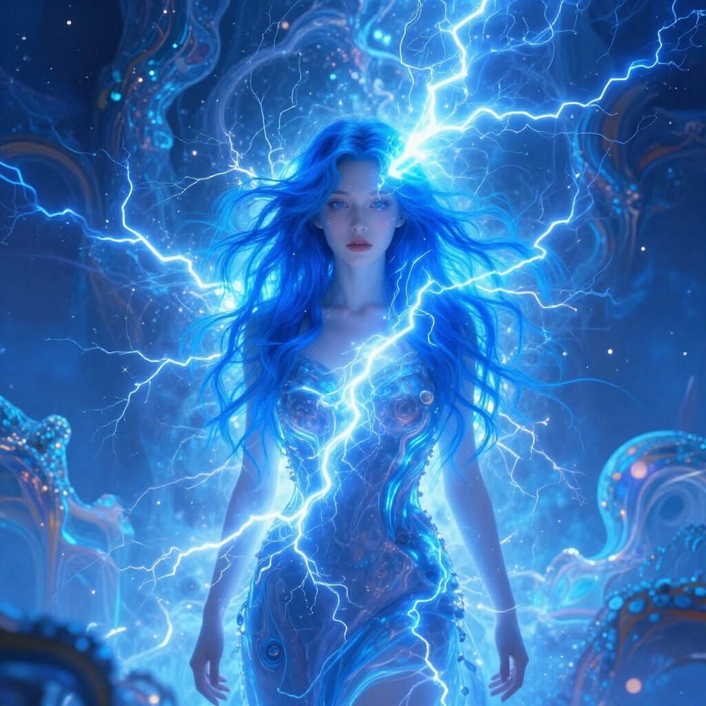 Woman With Electric Blue Hair in Surreal Azure Dreamscape