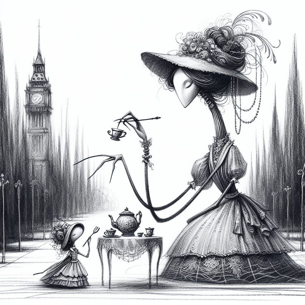 Victorian Girl's Surreal Charcoal Tea Party