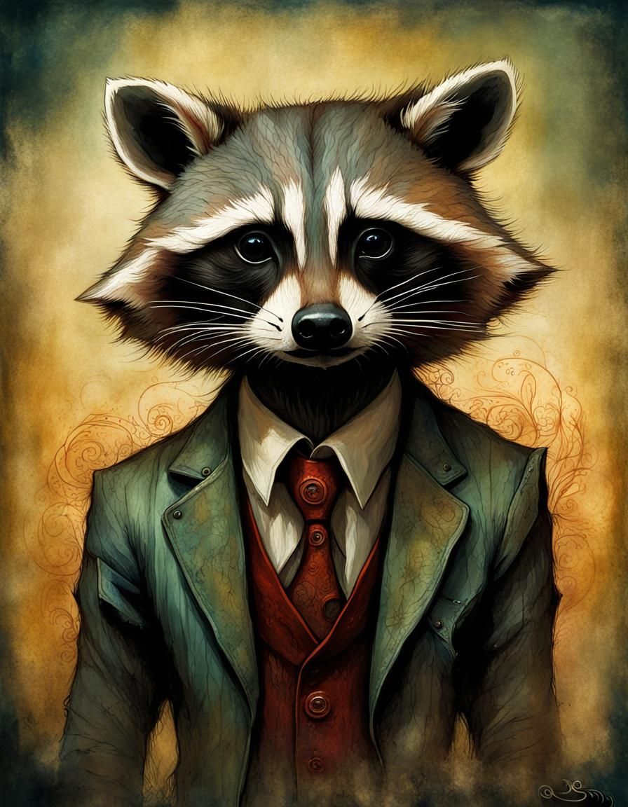 Anthropomorphic Raccoon in Dark Comic Book Style