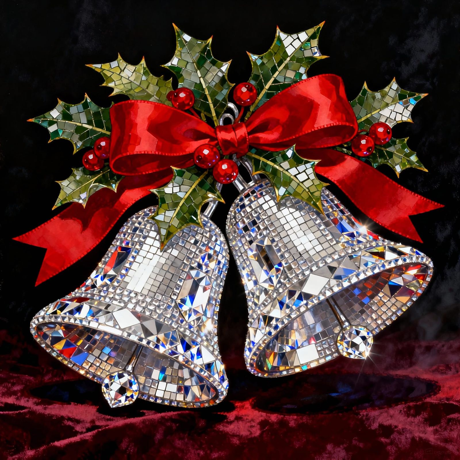 Gleaming Silver Bells with Holly in Diamond Painting Style