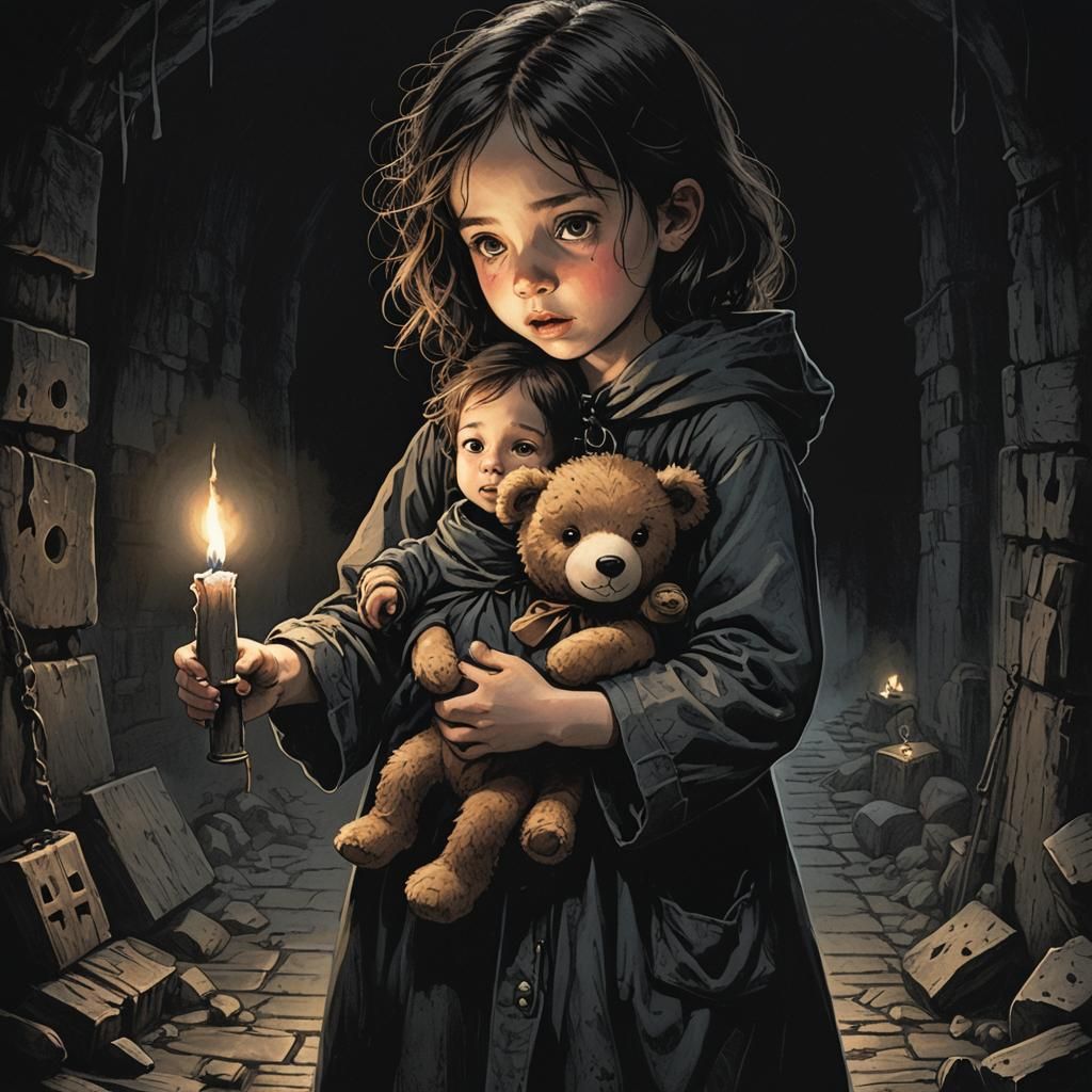 Terrified Child with Teddy Bear in Dungeon