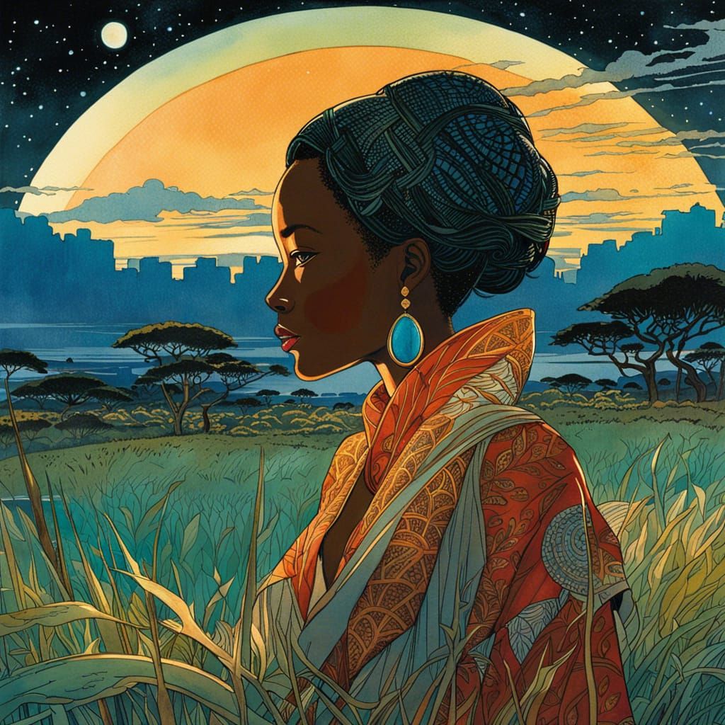 Kenyan Prairie at Night: Manga Watercolor Painting