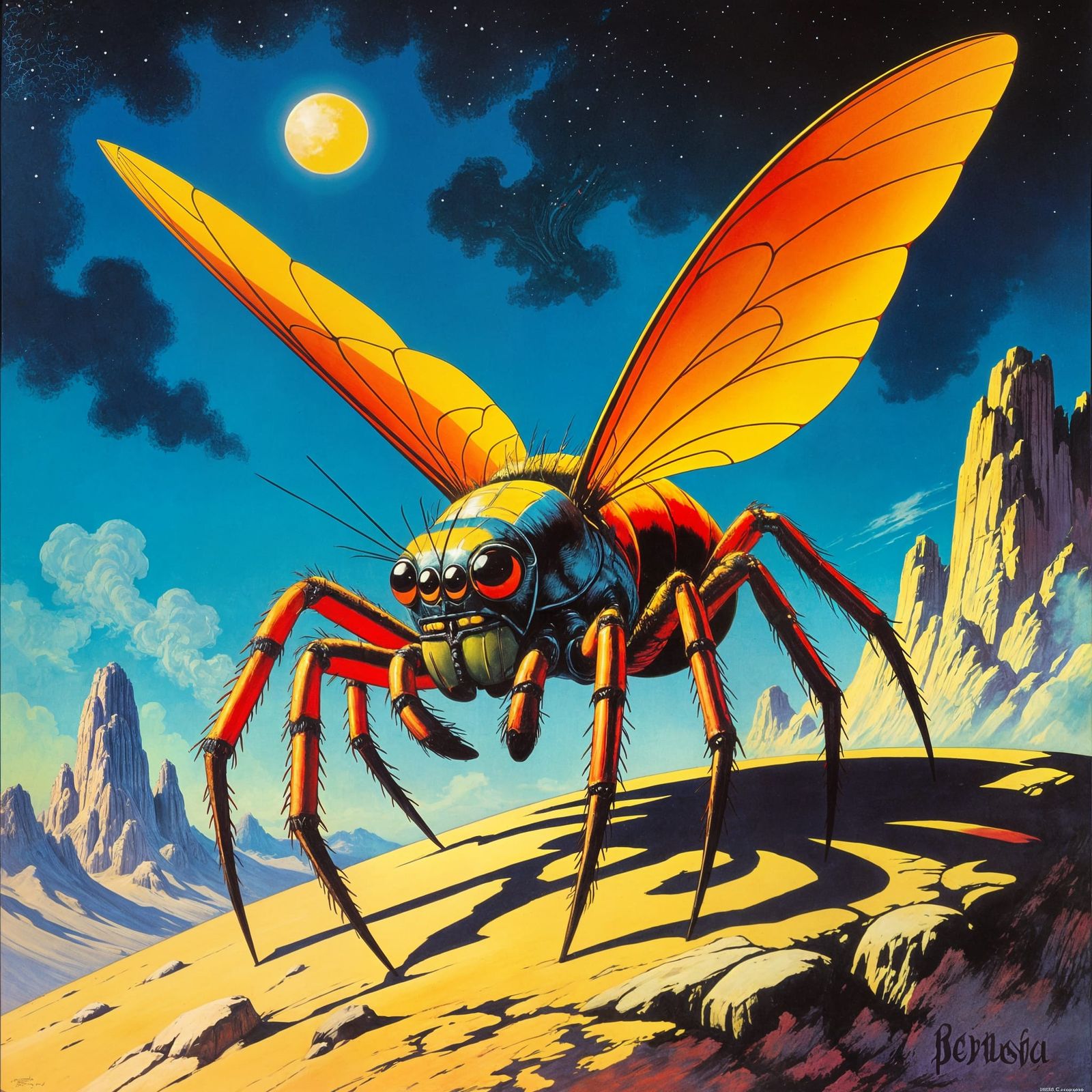 Fantasy Fire Spider Minion in Vintage Lithograph Style