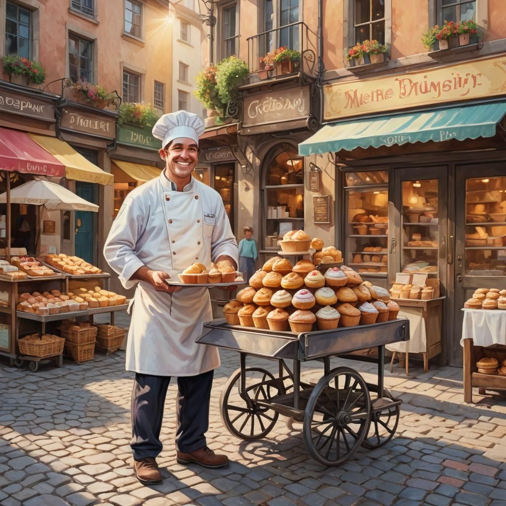 Charming Muffin Man Illustration on Cobblestone Street