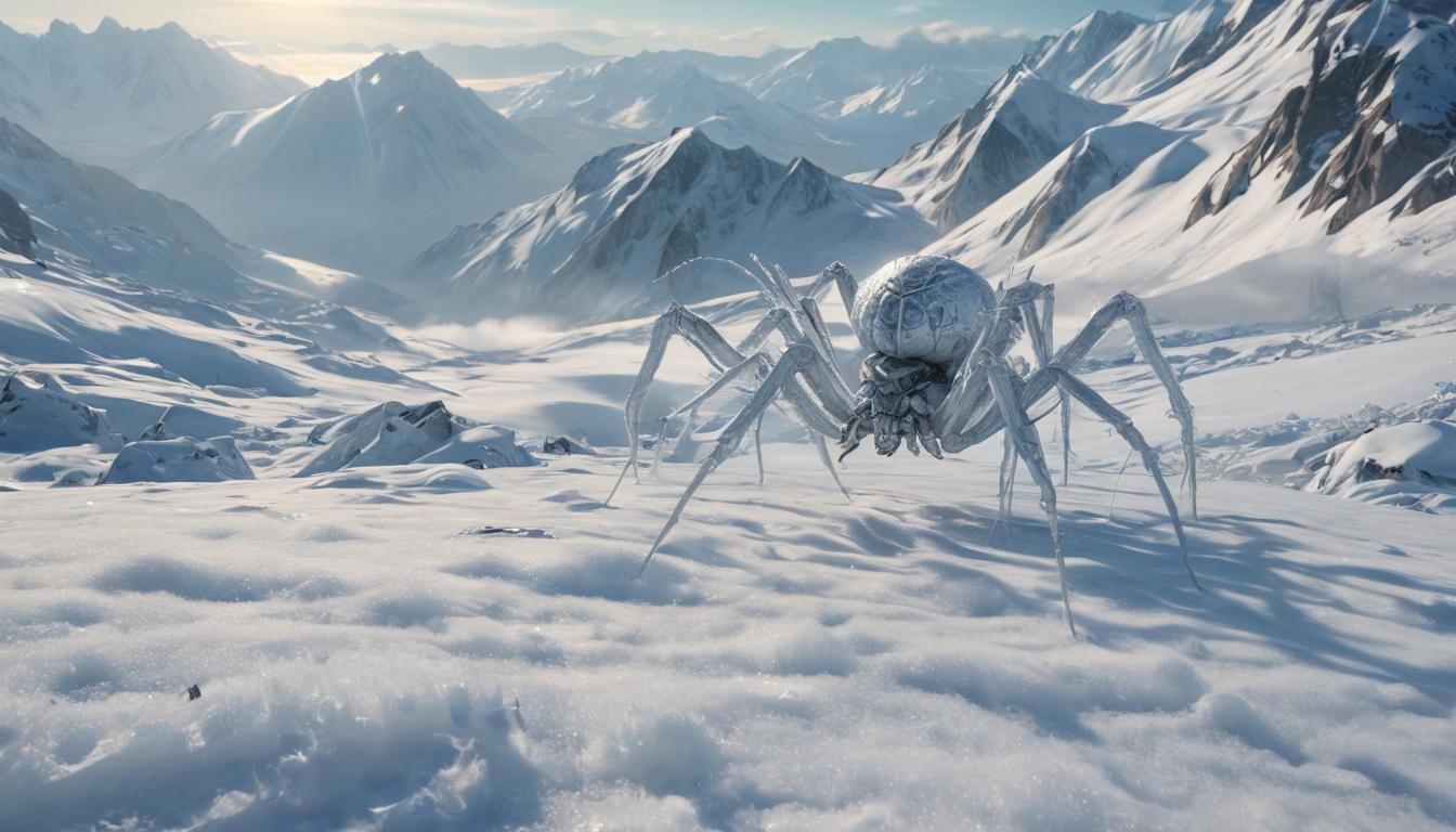 Giant Translucent Snow Spider Walks Mountain Peaks
