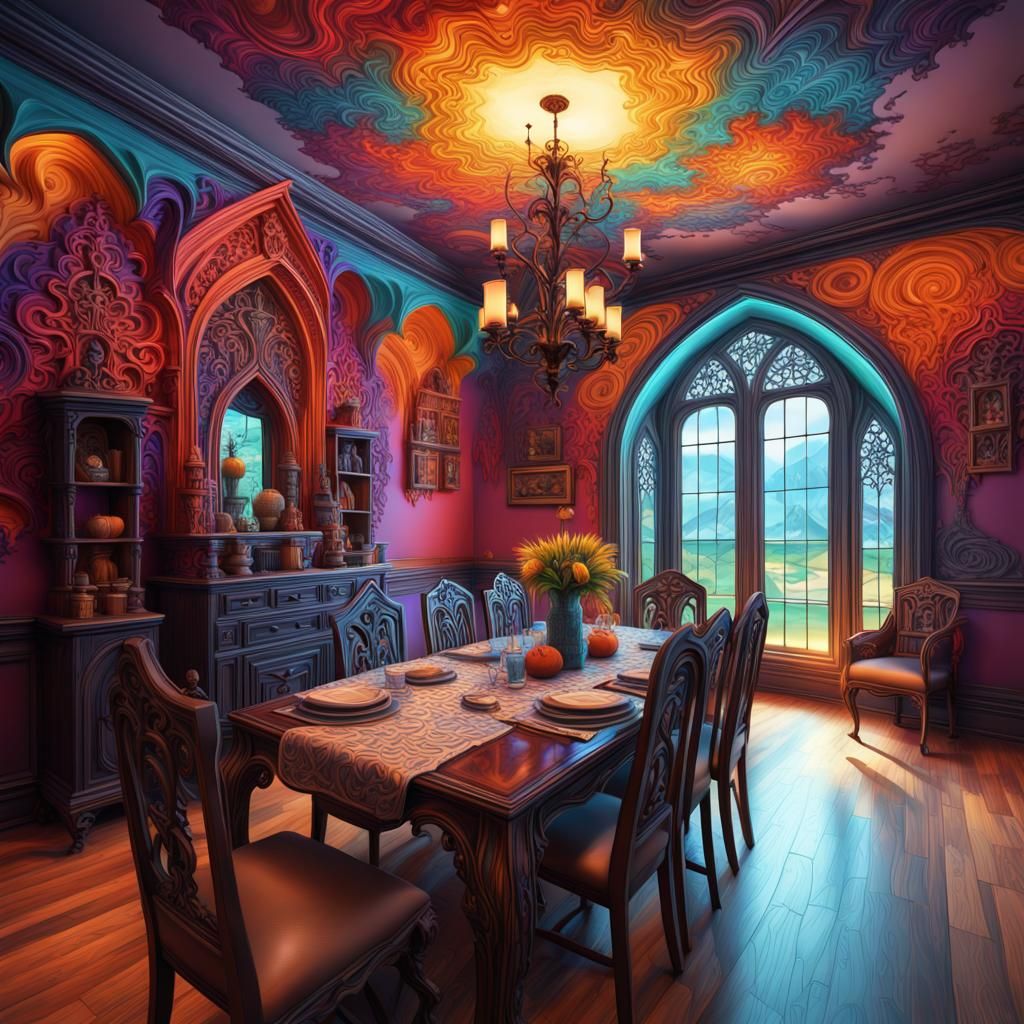 whimsical gothic colorful village carved in a dinning room