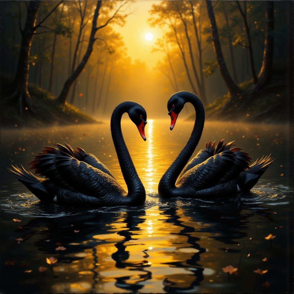 Black Swans on Golden Lake as Impasto Painting