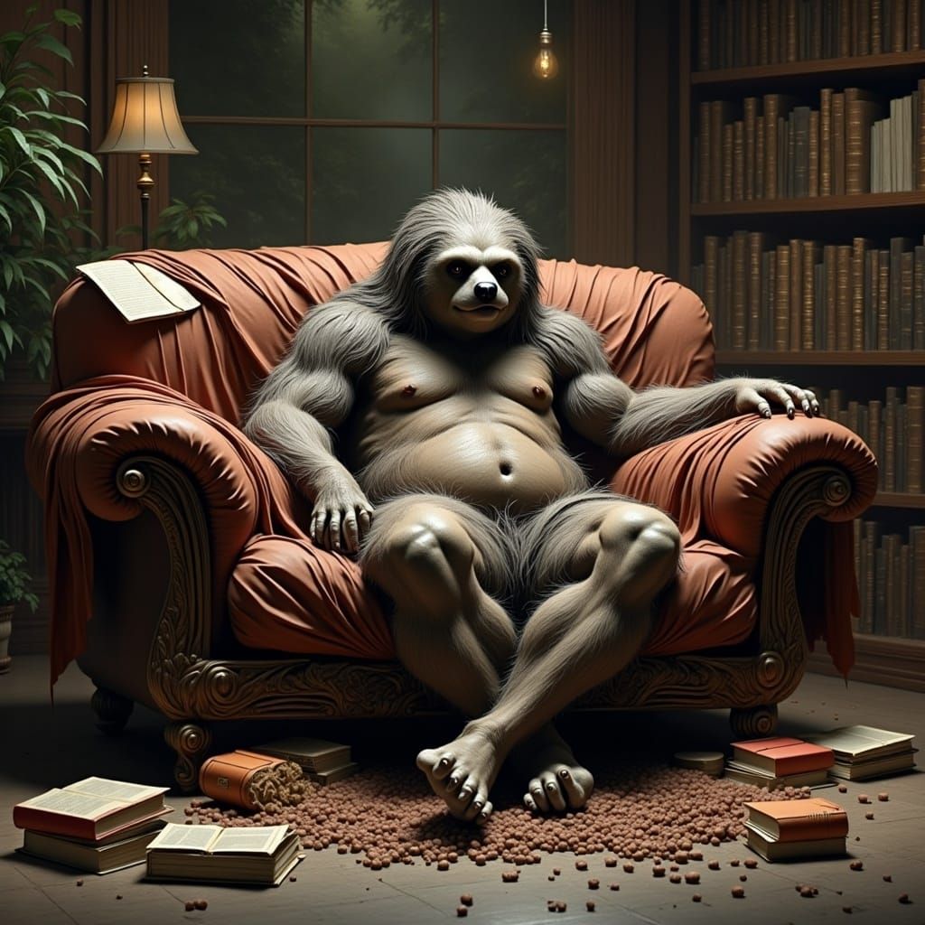 Figure Slouched on Couch Surrounded by Clutter