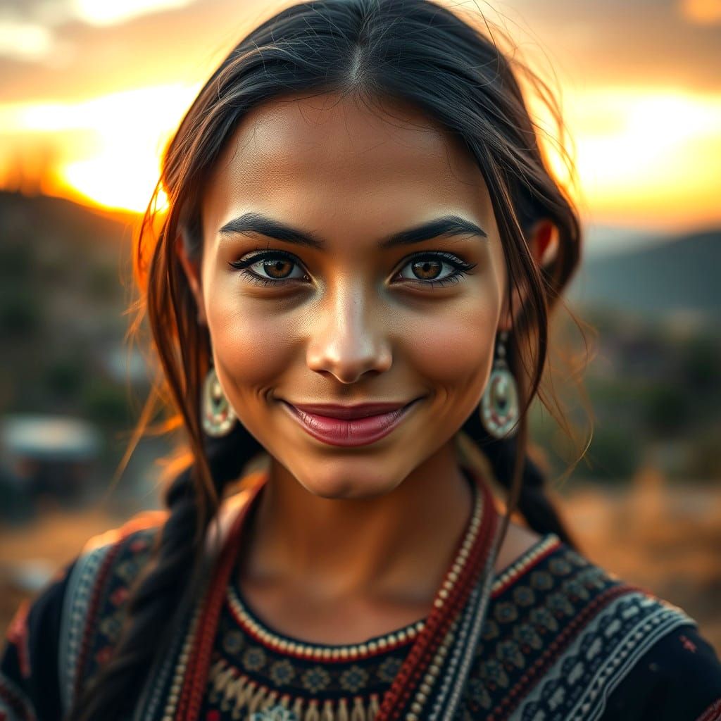 Cherokee Goddess with Radiant Smile in 19th Century Village...
