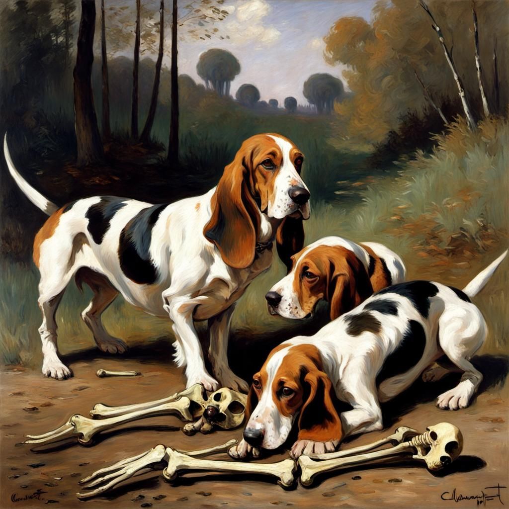 Basset Hounds Discover Skeleton, Impressionist Oil Painting