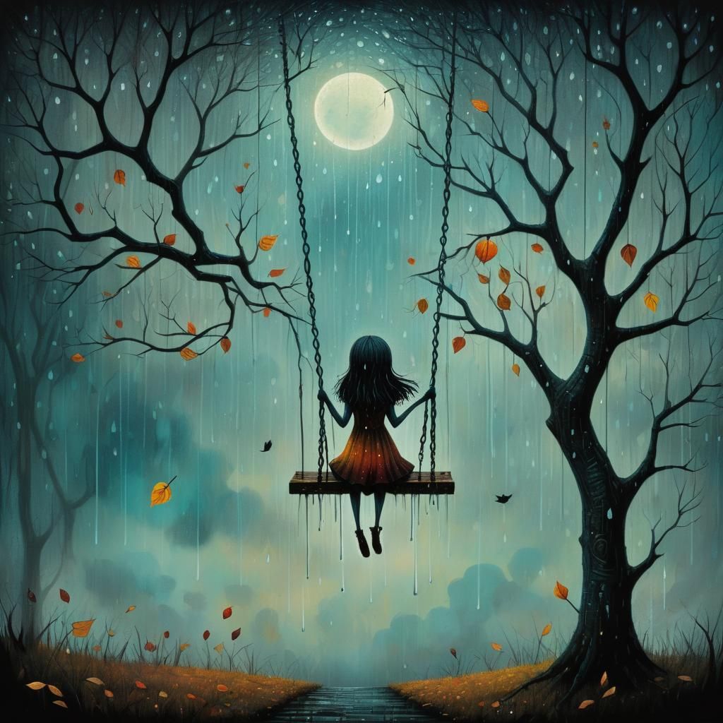 Girl on a Swing: Pop Surrealist Autumn Illustration