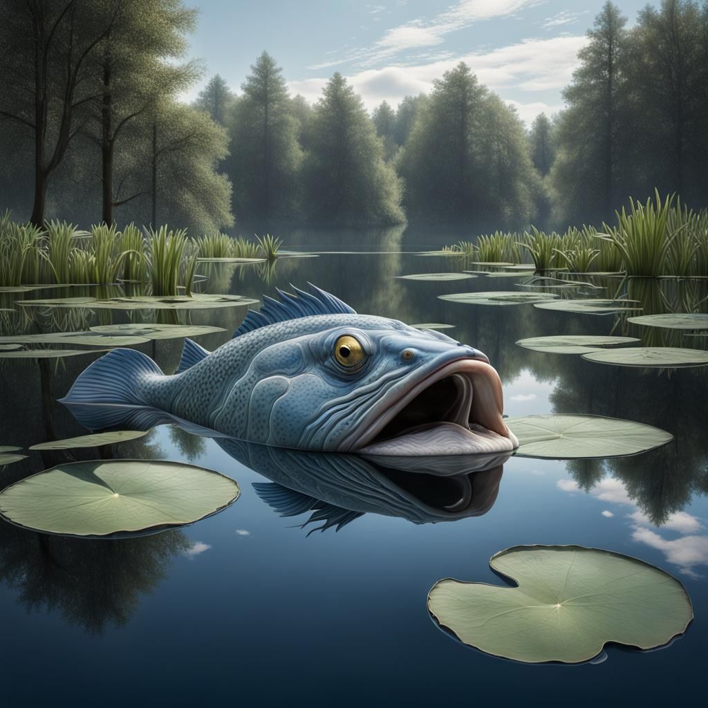 Blue Cod Emerges in Tranquil Pond, Surreal Photorealism
