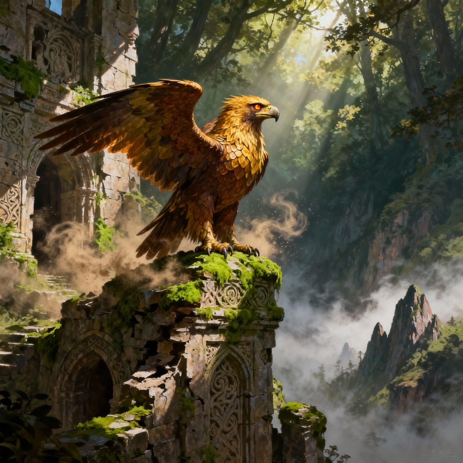Majestic Griffin Over Ancient Ruins in Fantasy Art Style