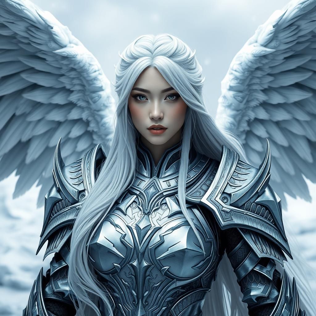 Fantasy Warrior Woman with Gothic Armor in Icy Landscape