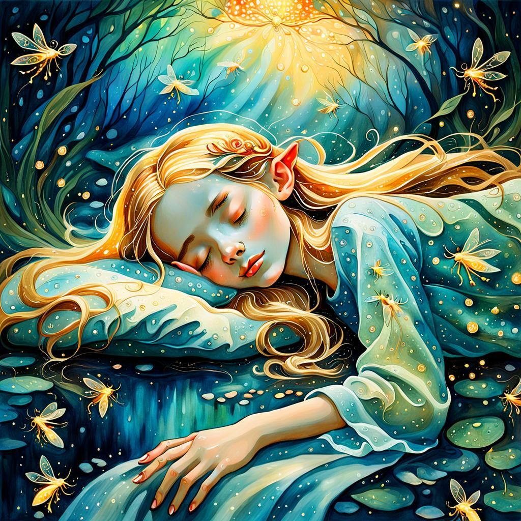 Elven Woman Sleeping Surrounded by Fireflies: Watercolor Art