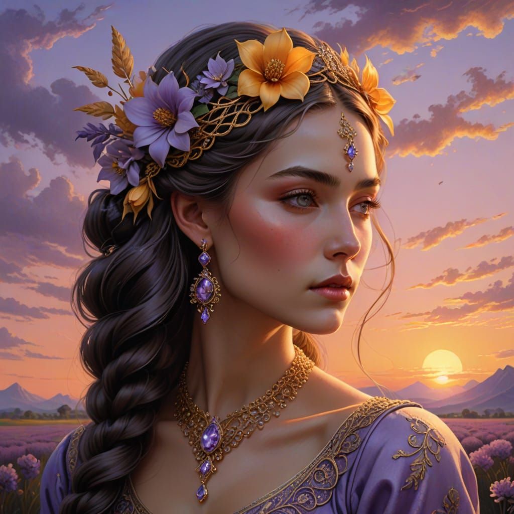 Ethereal Goddess with Floral Headdress in Vibrant Sunset Hue...