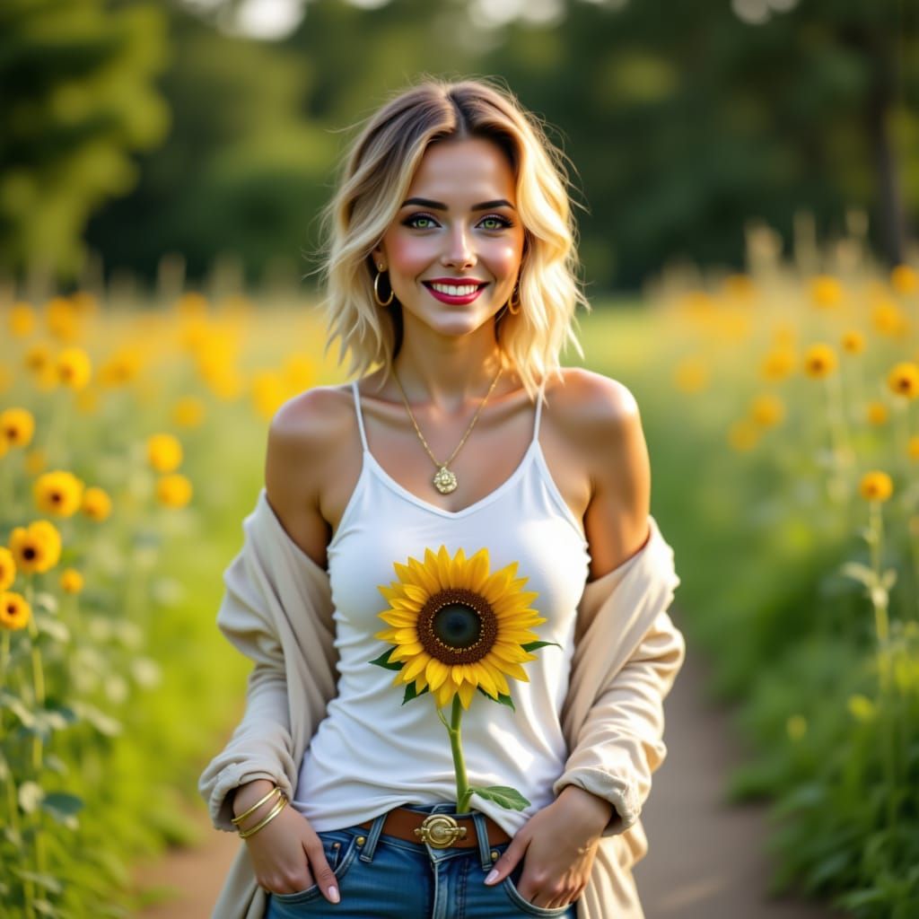 Woman Smiling in Park with Sunflower Shirt