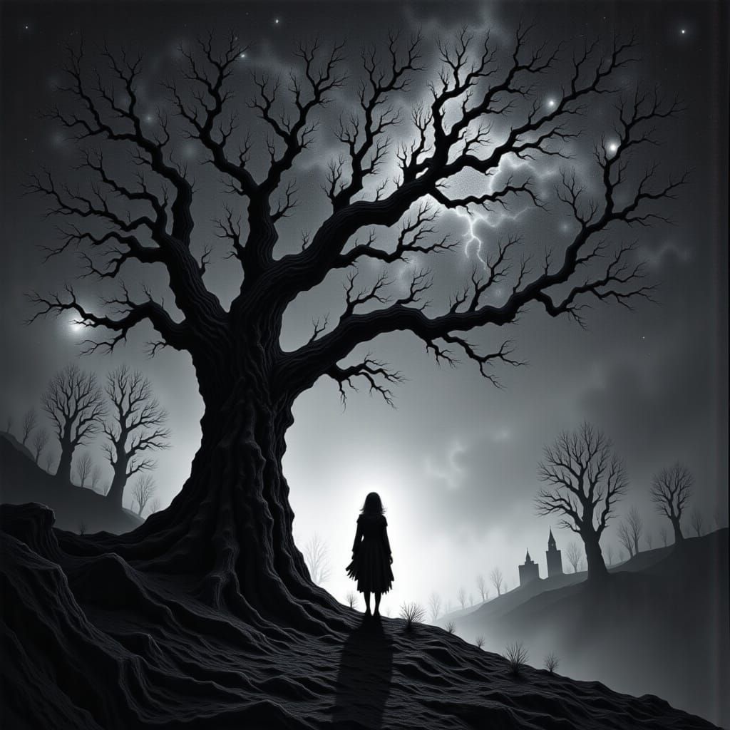 Woman at Spectral Forest Edge Amidst Bioluminescent Nebula