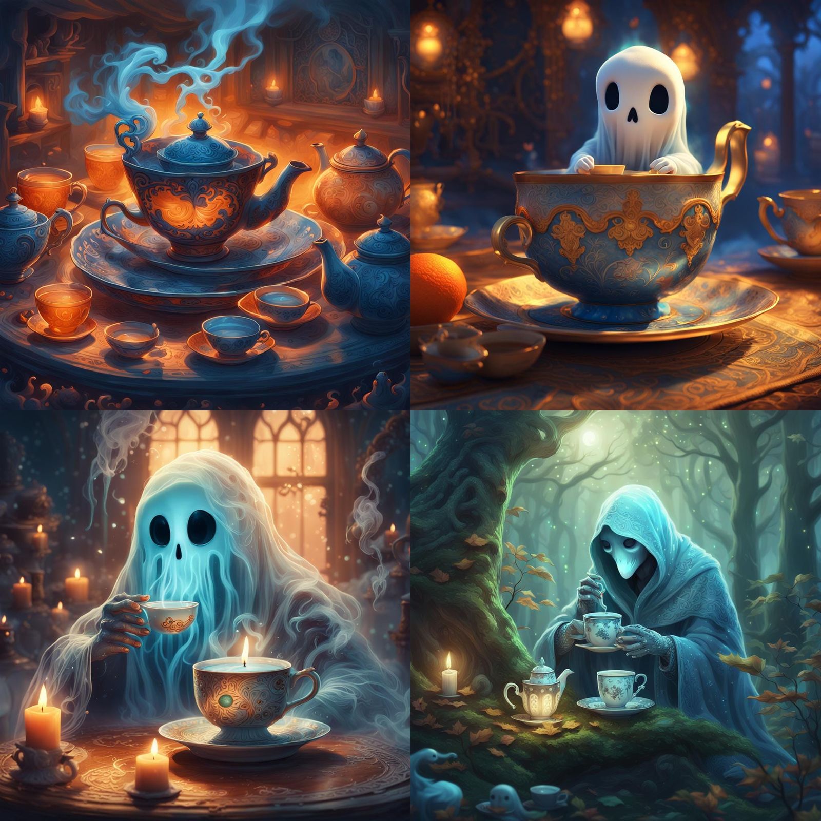Cute Ghost Drinks Tea: Detailed Fantasy Art