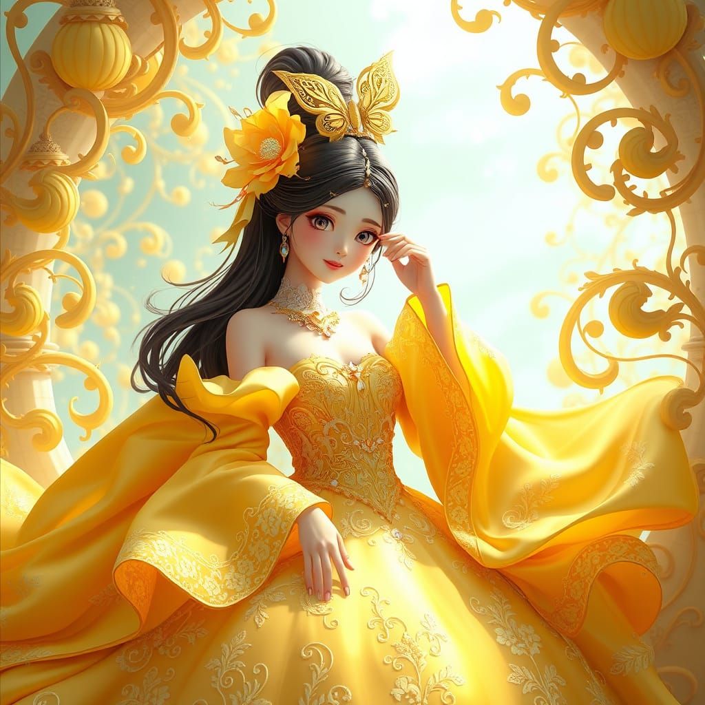 Ethereal Yellow Princess in Whimsical Anime-Inspired Scene