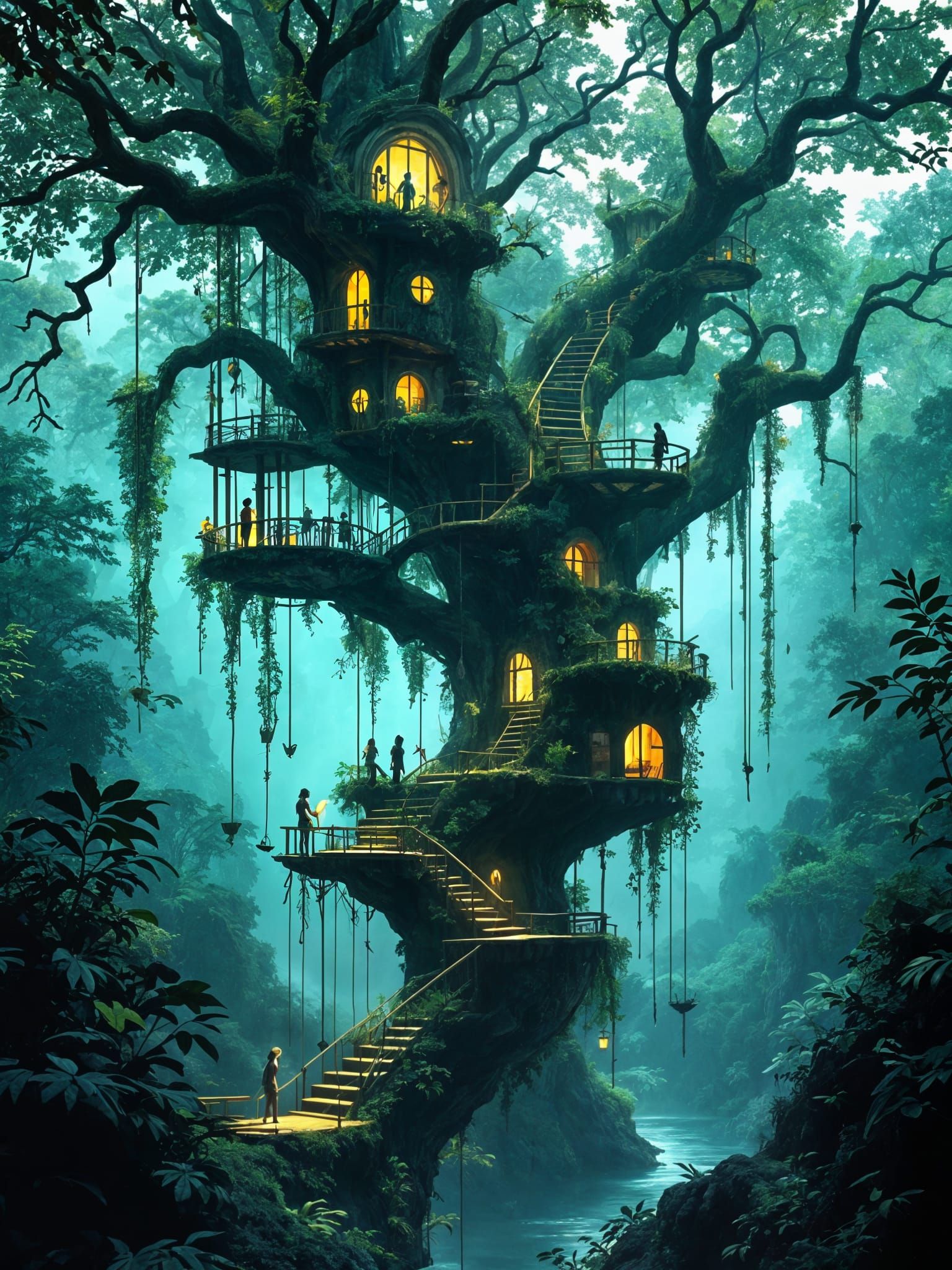 Enchanted Rainforest Village in Whimsical Abstract Style