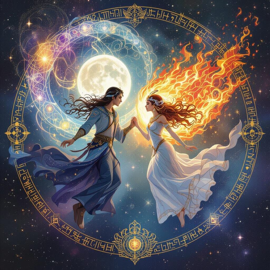 Celestial Lovers in a Cosmic Void as Mixed Media Art