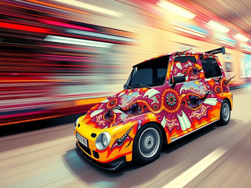 Speeding Car: Surreal Geometric Abstraction in Negative Colo...