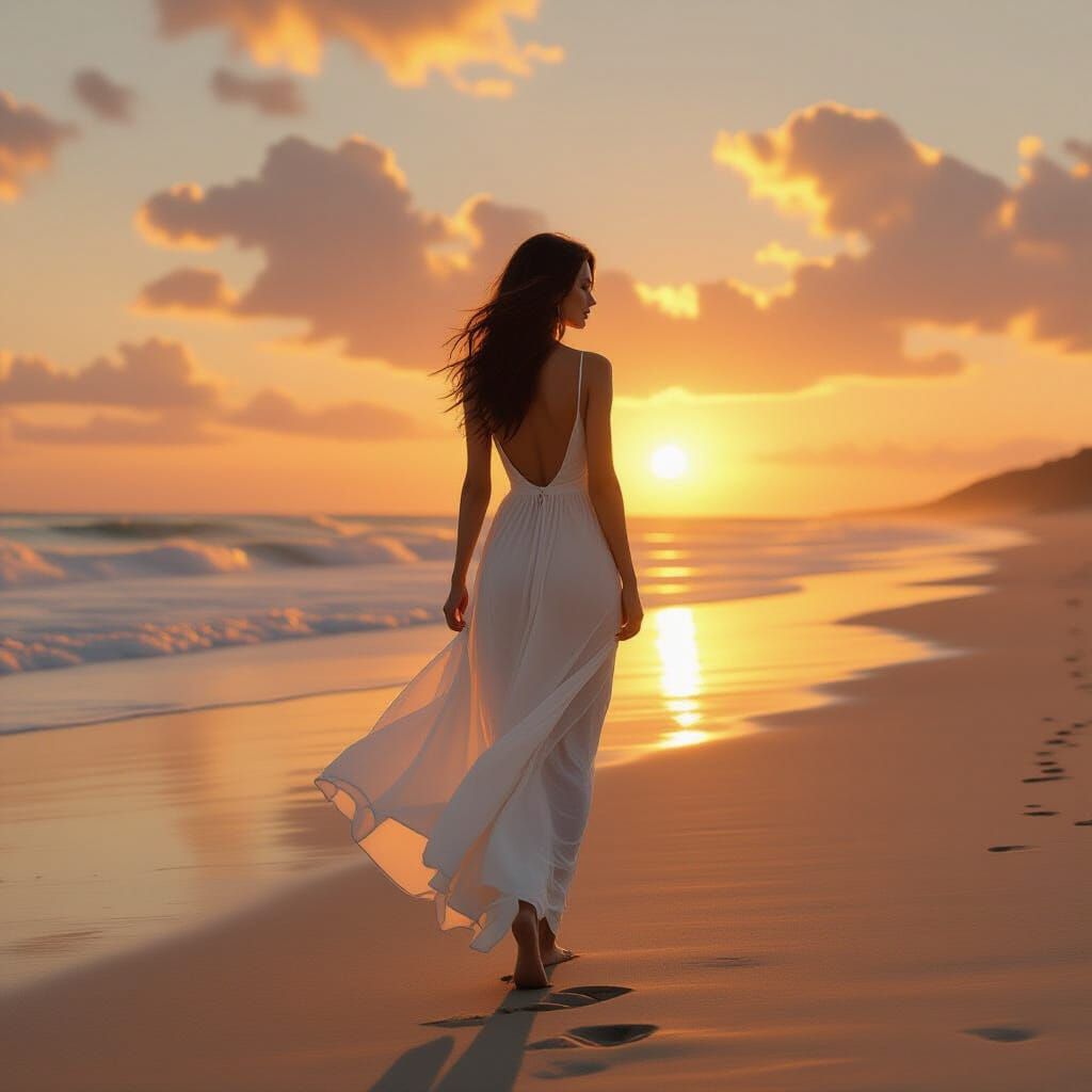 Woman on Beach at Sunset in Dreamy Style