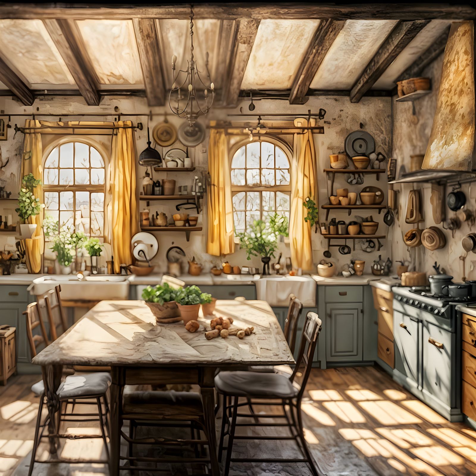 Calming Kitchen Scene in 1800s Oil Painting Style
