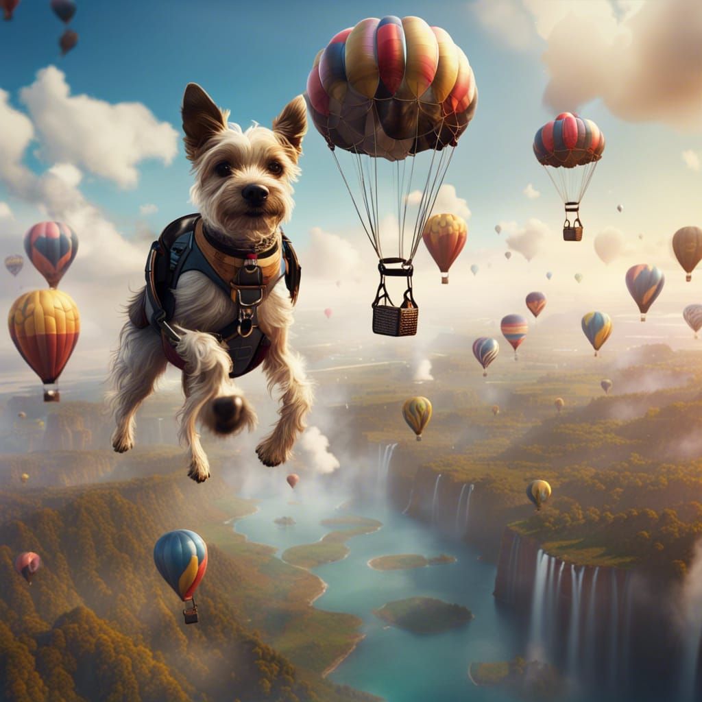 Skydiving Dog with Hot Air Balloons: Fantasy Concept Art