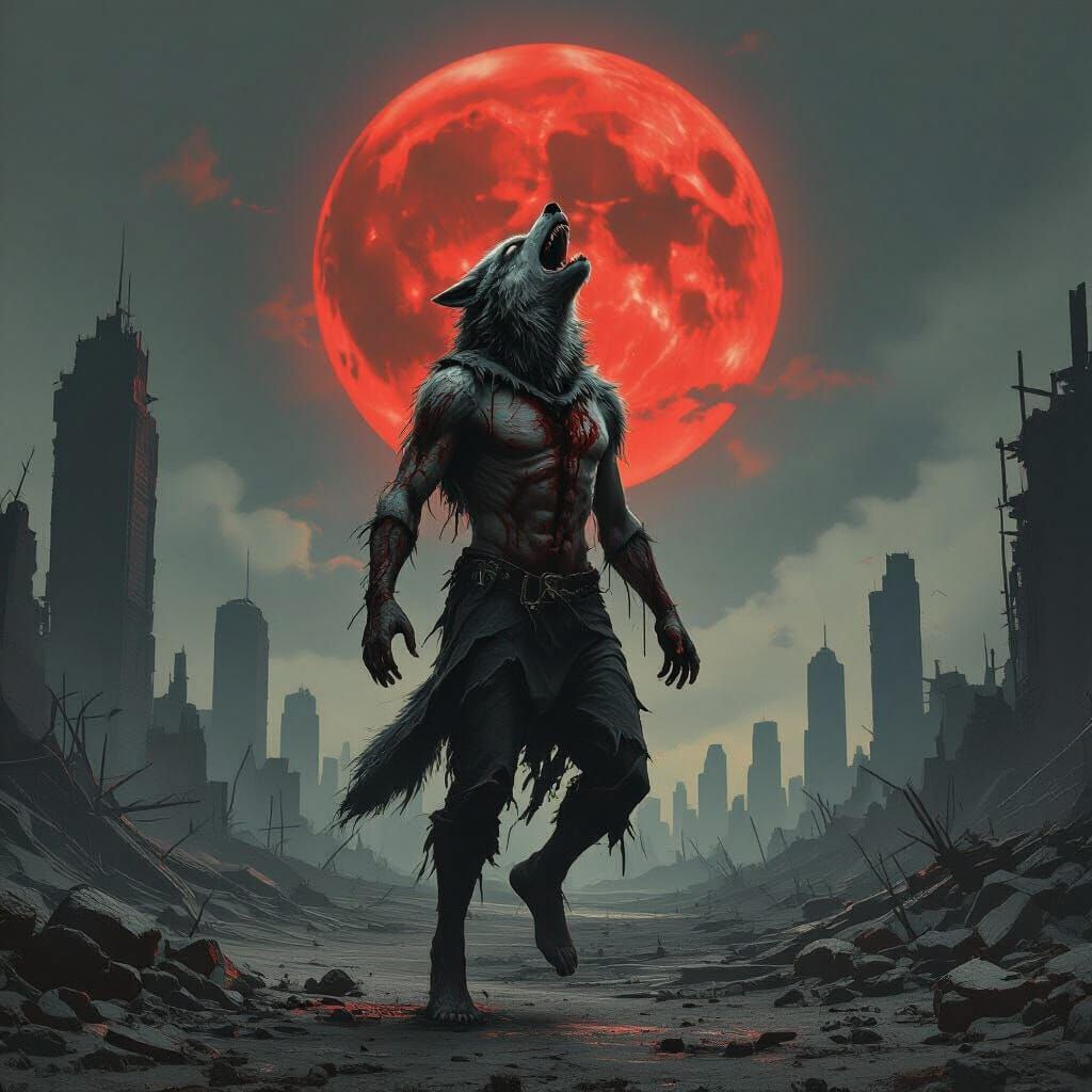 A werewolf in mid-transformation, caught between its human a...