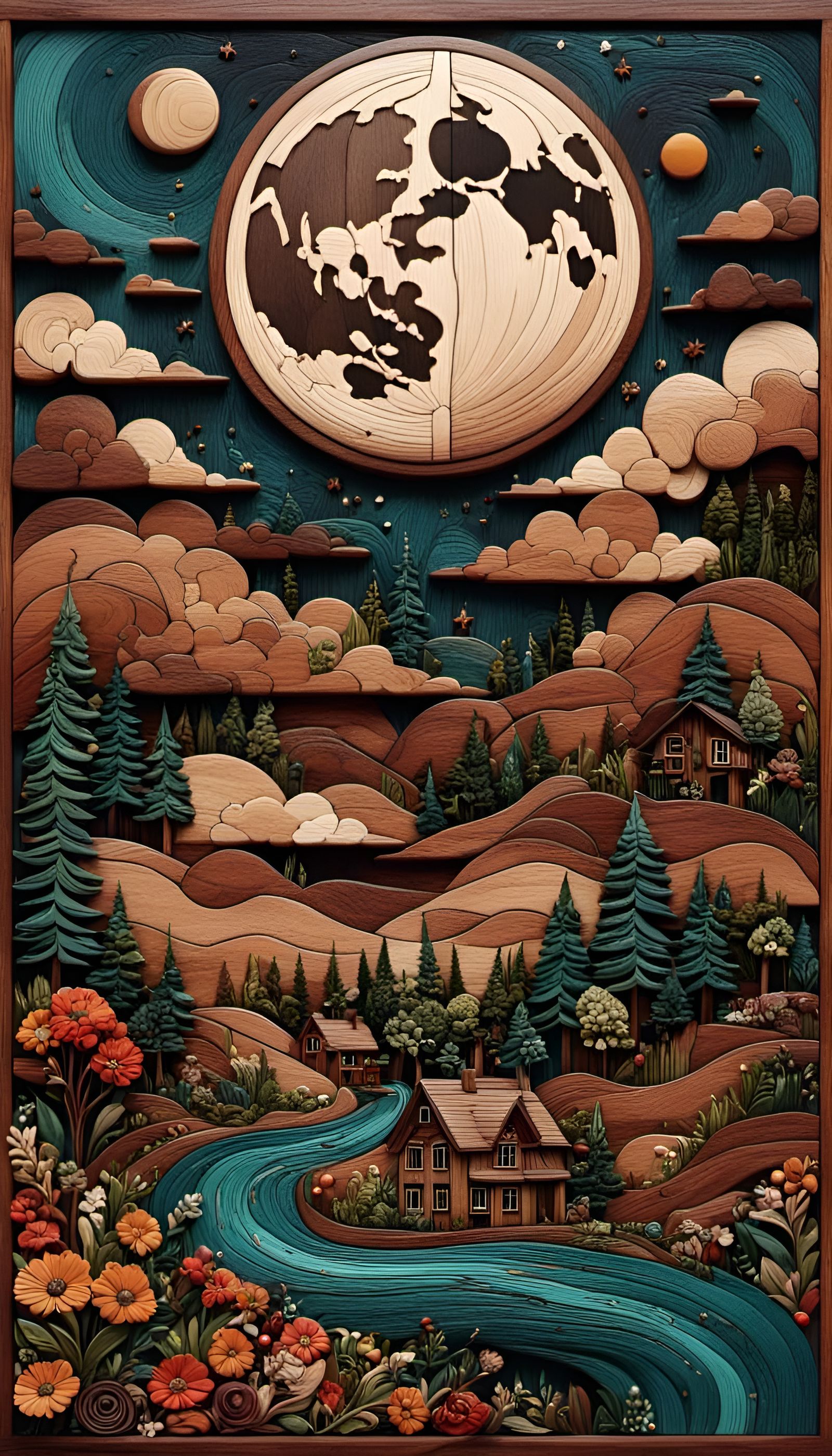 Marquetry Moon and Clouds in Folk-Art Style