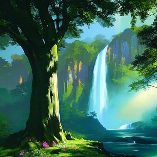 Renaissance Waterfall with Volumetric Lighting