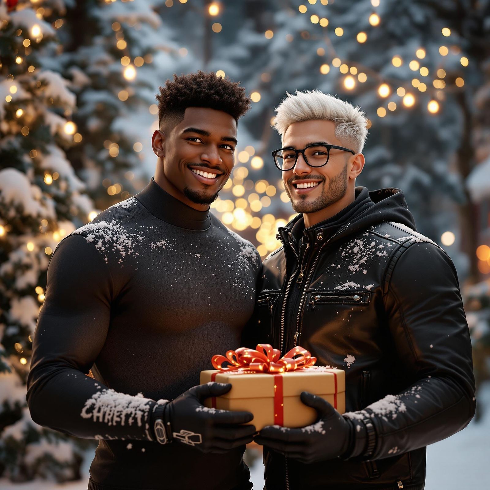 Athletic Boyfriends Delivering Christmas Gifts in a Winter W...
