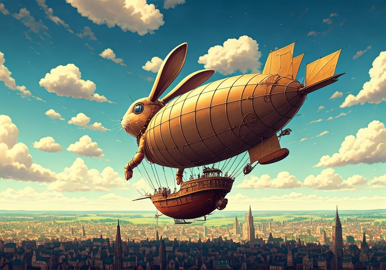 Steampunk Rabbit Airship Soaring Over Victorian City