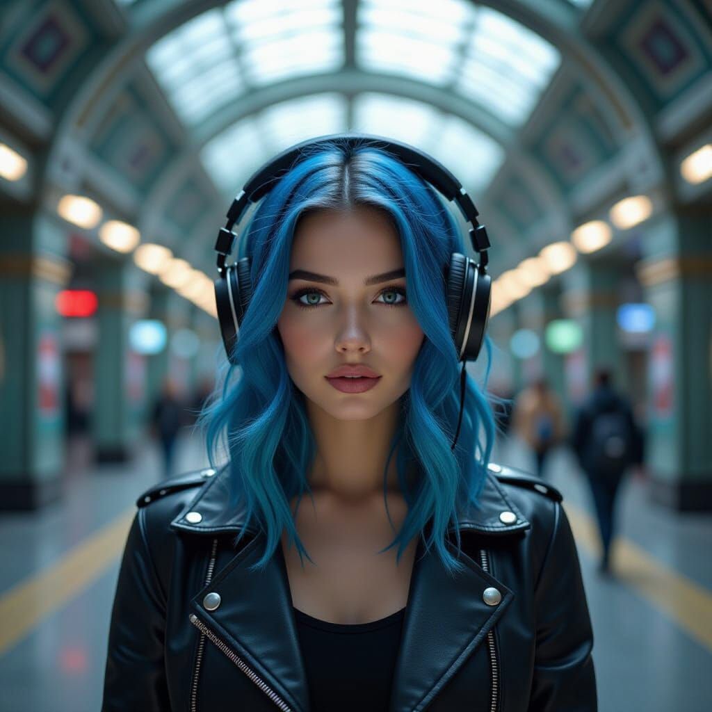 Woman With Blue Hair in Art Deco Subway Station