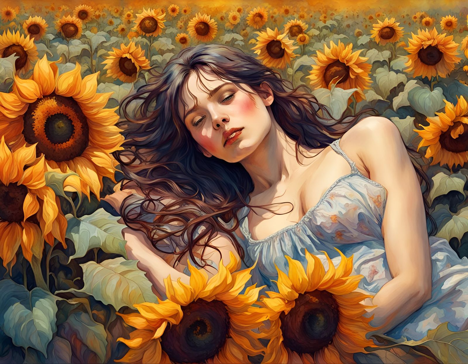 Girl in Sunflower Field: Watercolor Style