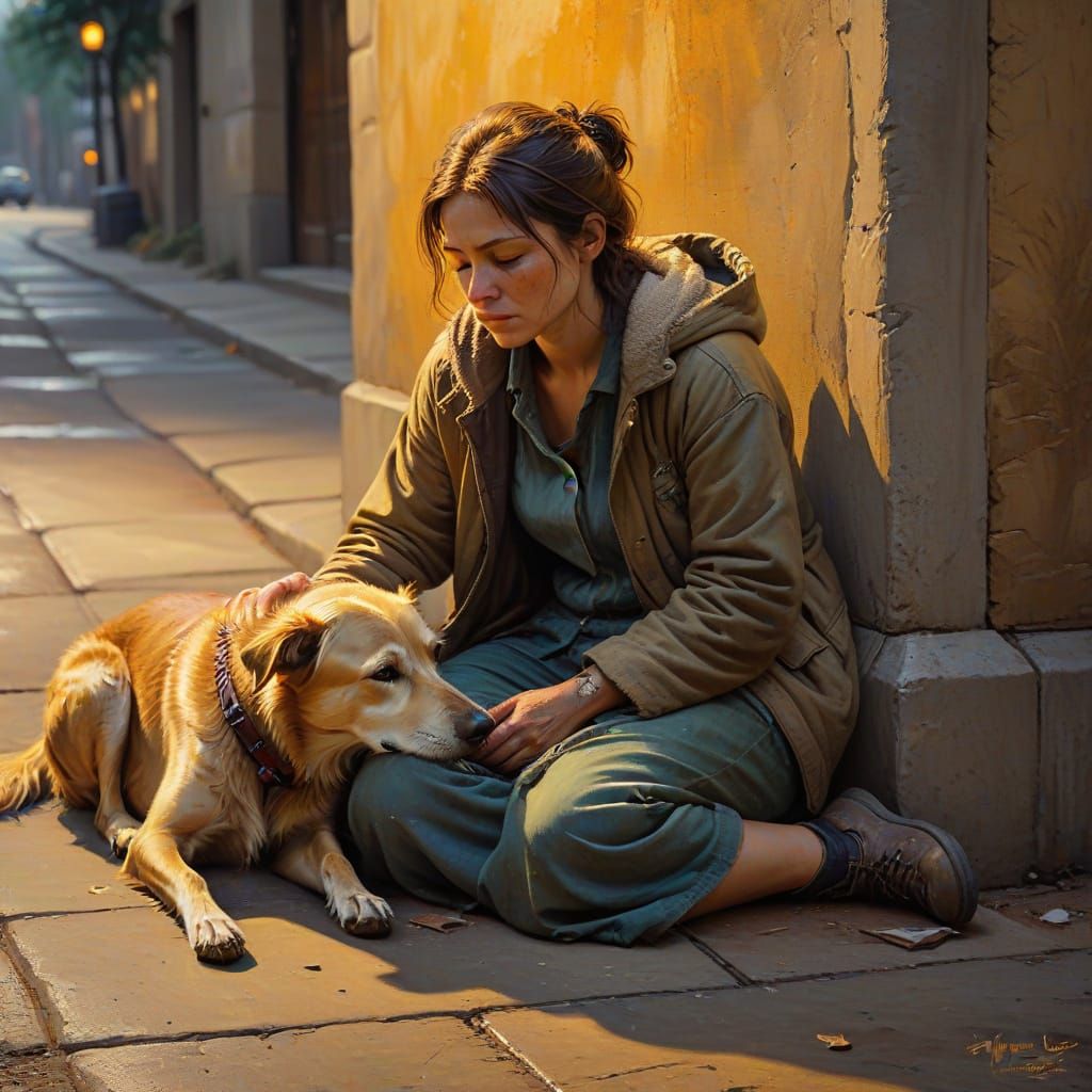 Dog Comforts Homeless Woman: Oil Painting in Gurney Style