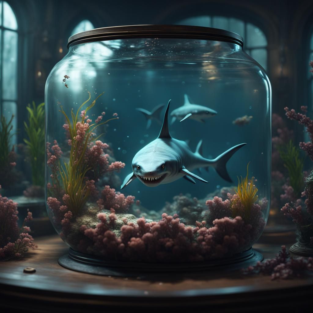 Tiny Sharks in a Fish Tank with Hungry Cat