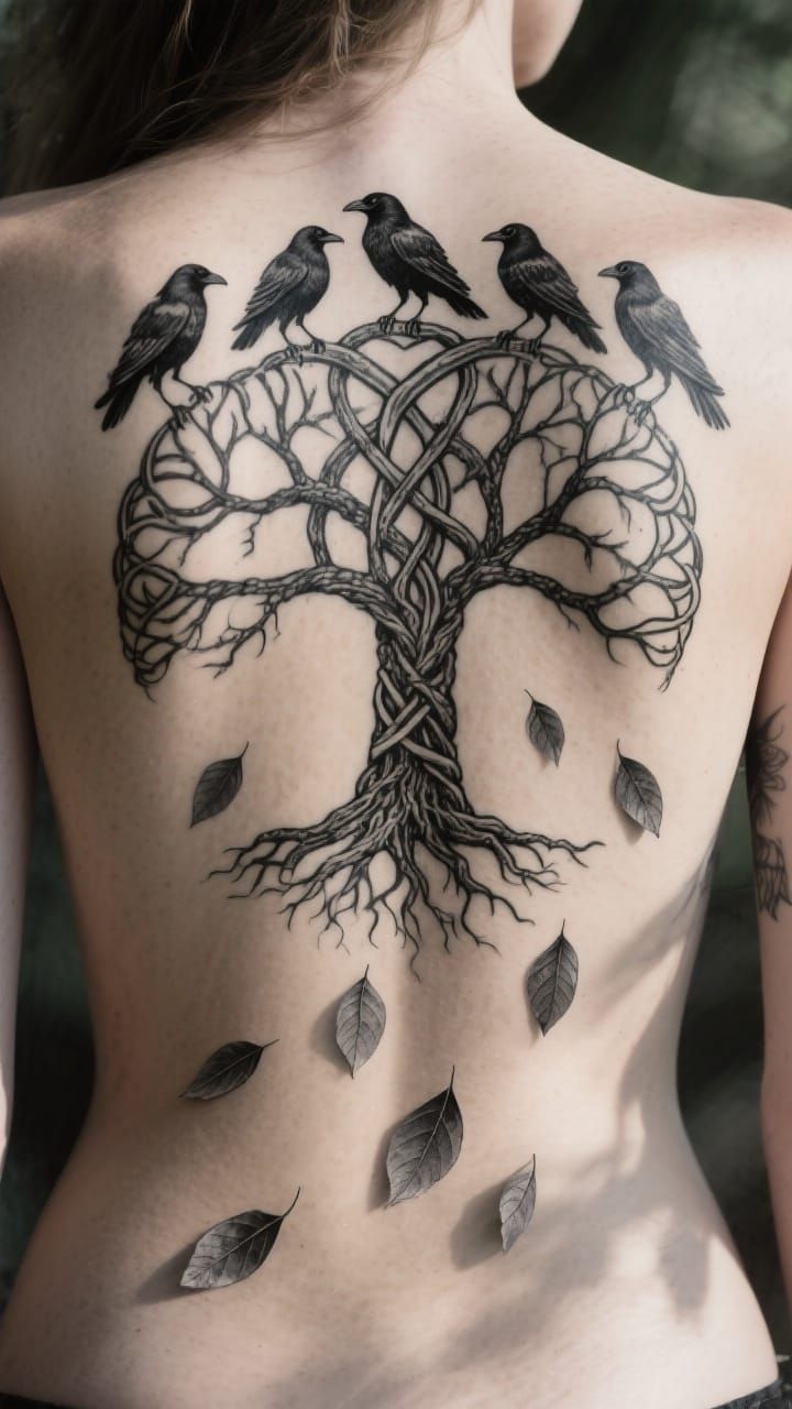 Celtic Tree Tattoo on Woman's Back in Hyper-Realistic Photo