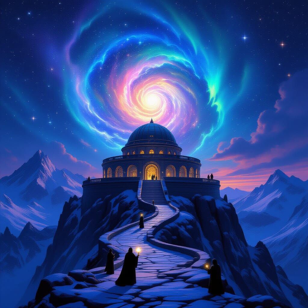 Cosmic Observatory Under Starlight on Snowy Peaks