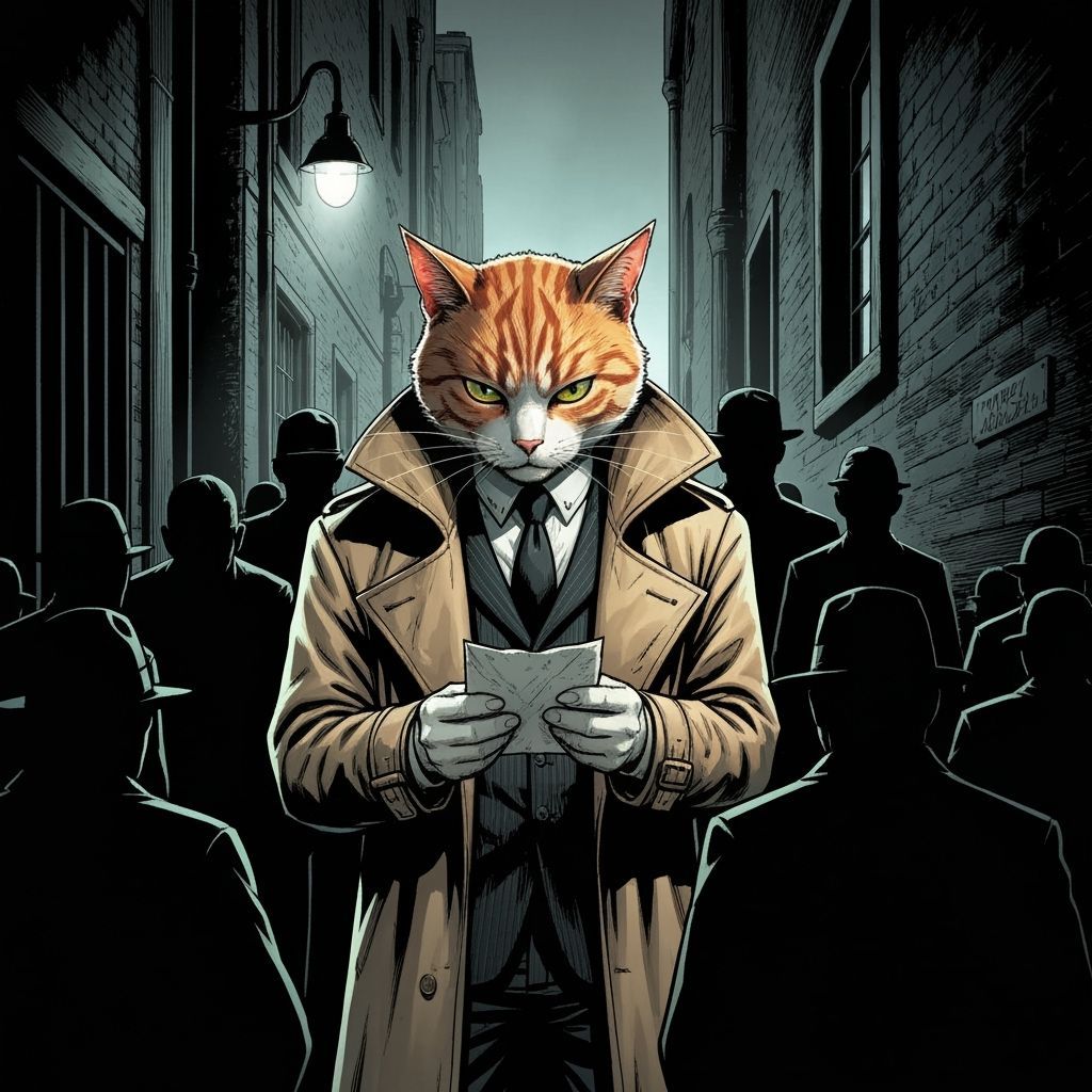 Whiskered Cat Detective Investigates Shadowy Alleyway