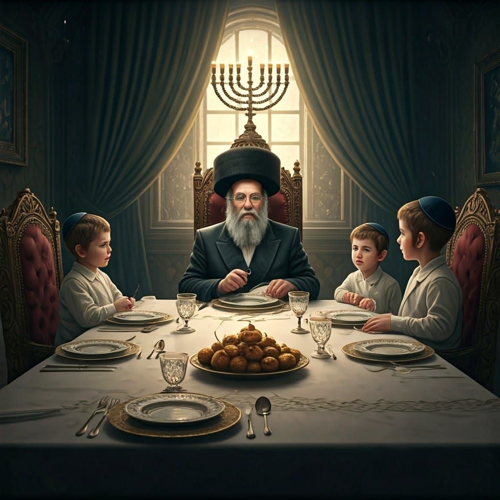 Devout Hasidic Jew Surrounded by Sons at Grand Shabbat Table