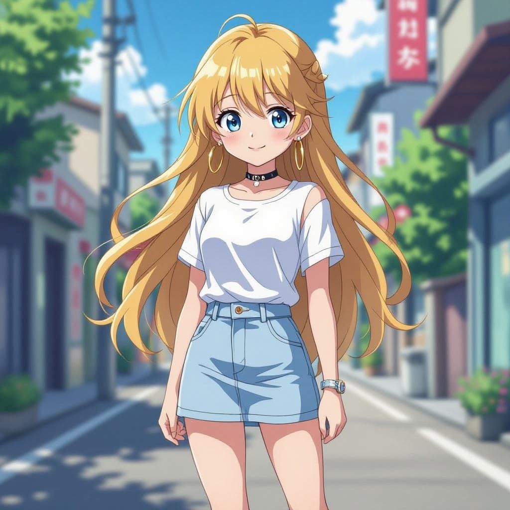 Anime Girl with Blonde Hair and Blue Eyes in Denim Skirt