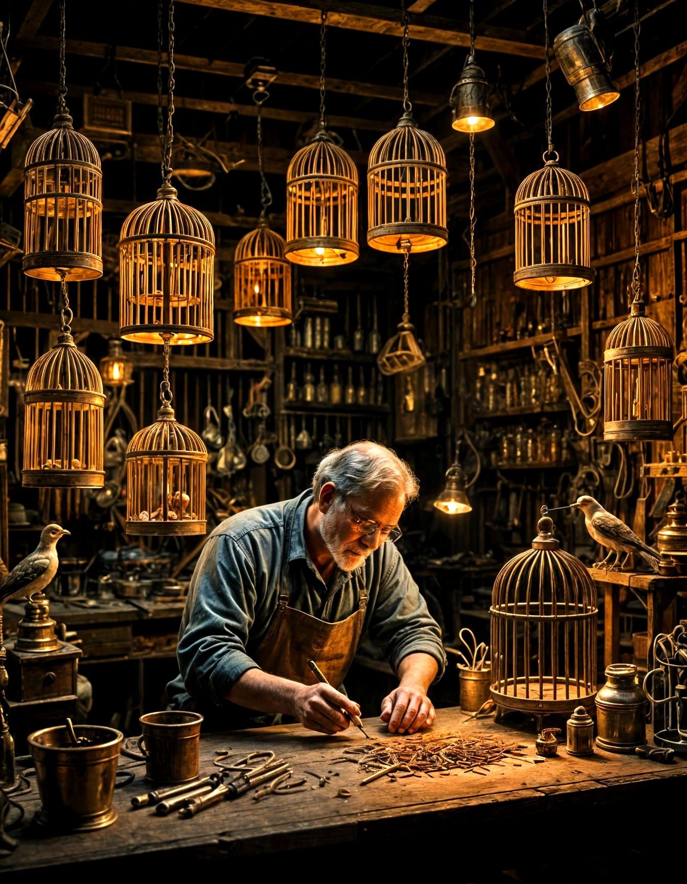 Artisan Crafting Ornate Birdcages in Lamplight