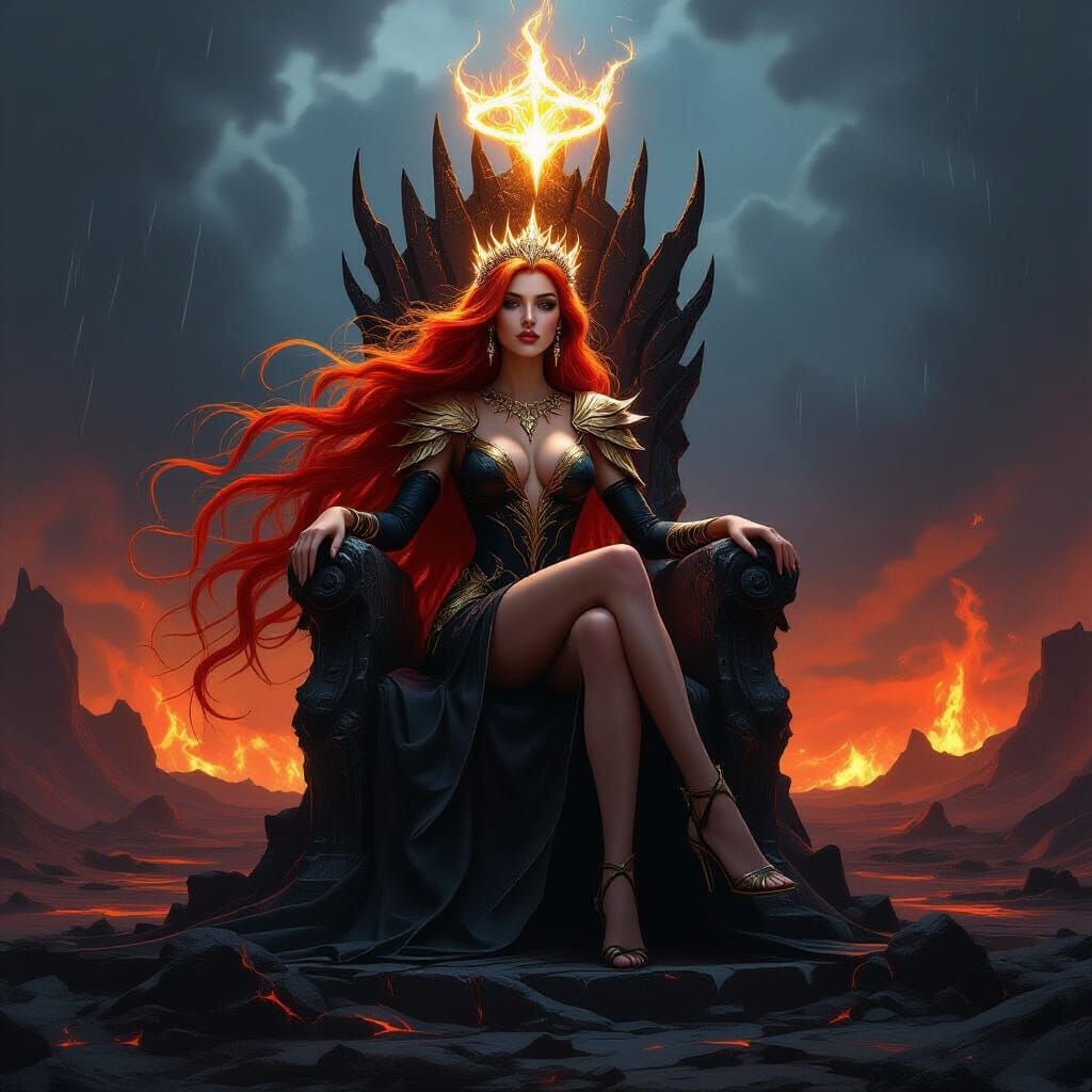 Phoenix Woman on Obsidian Throne in Volcanic Landscape