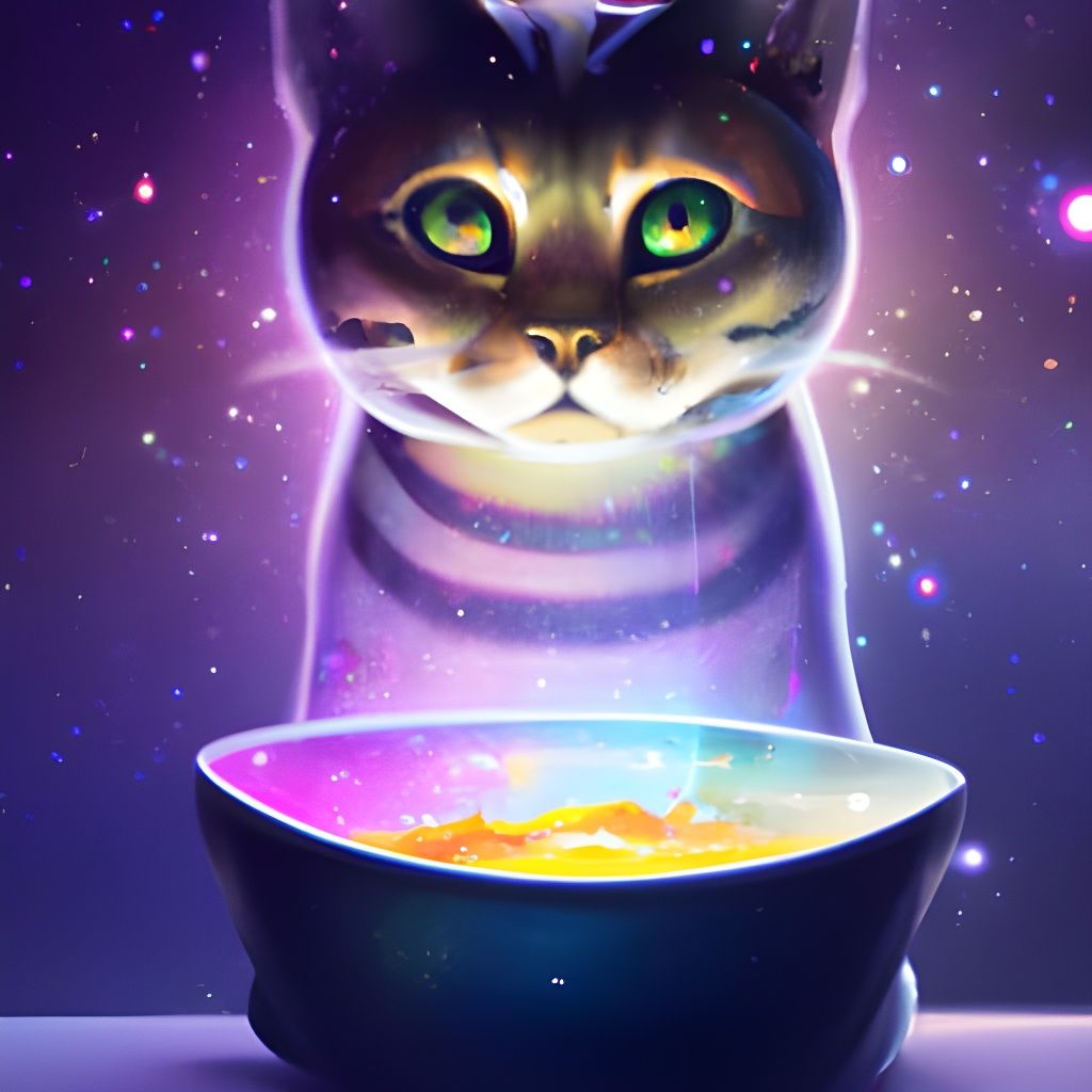 Cat Gazing at Galaxy in Food Bowl Digital Art